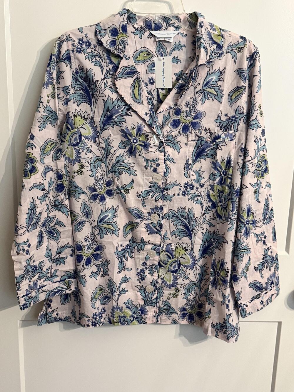 The Company Store Pajama Top Sz L Pink Floral Cotton Button Front Long Sleeve